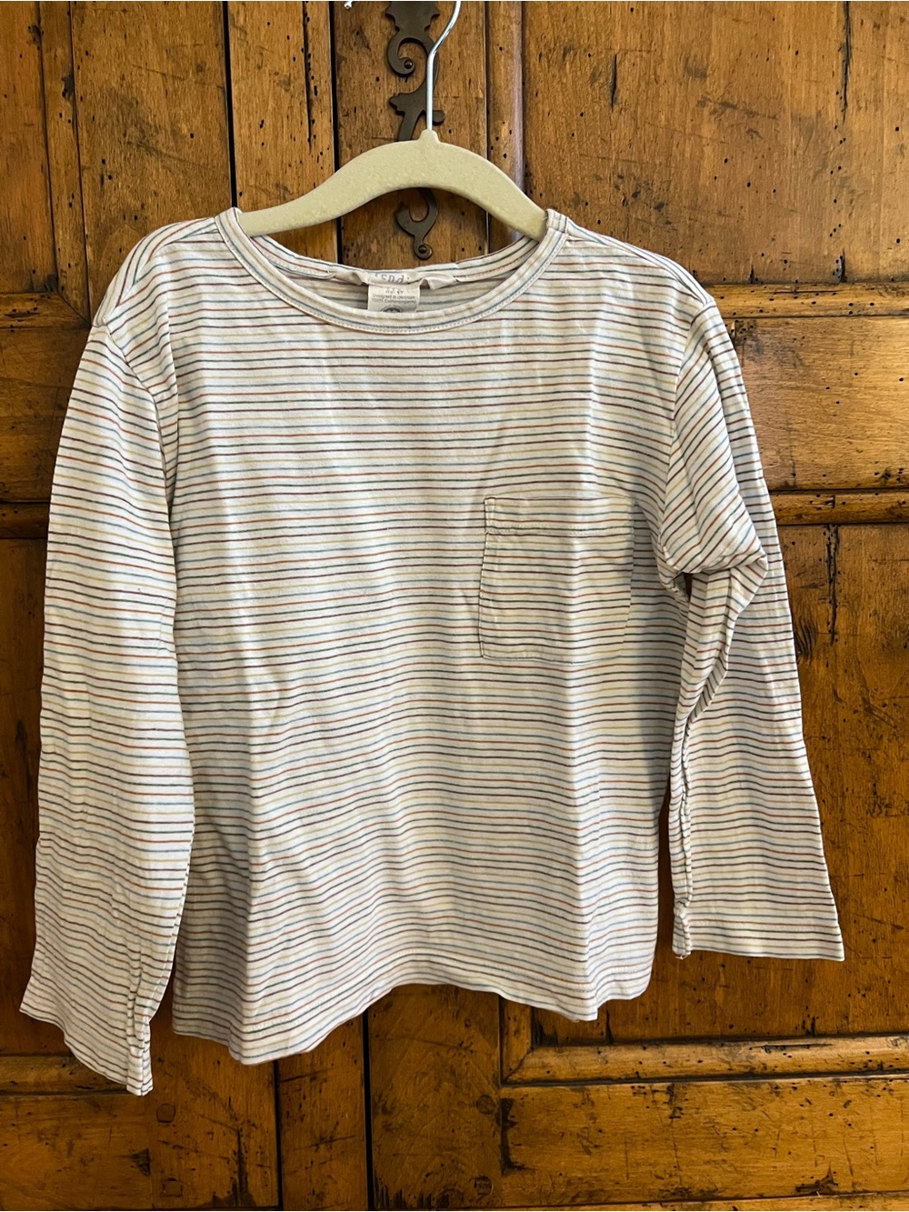 Serendipity - Long sleeve Striped Pocket Tee - Cream w/Thin Multicolor Stripes